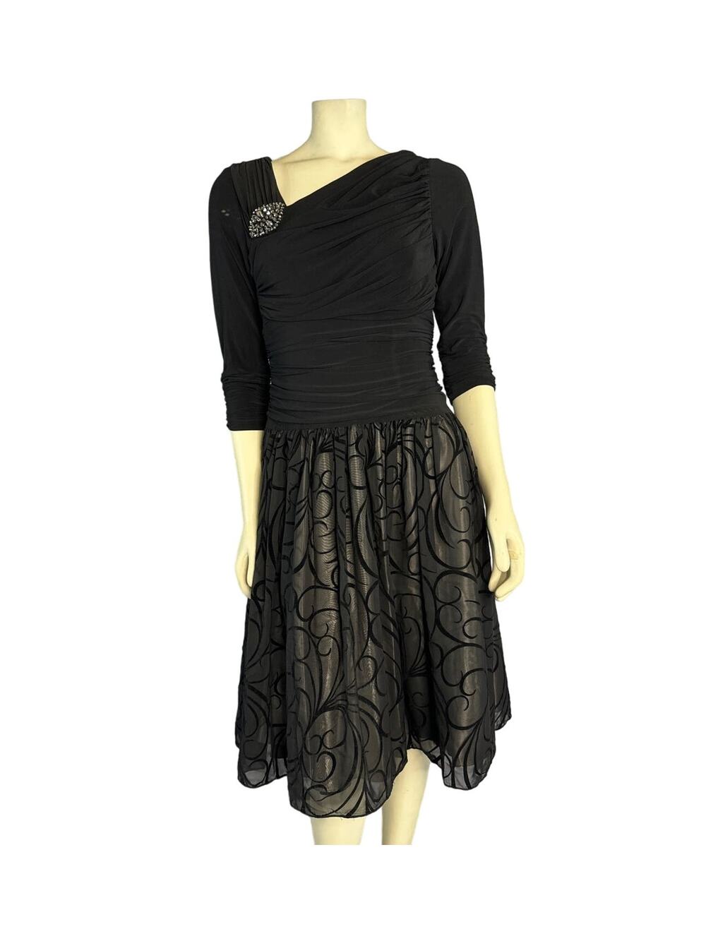 S.L. Fashions Black Ruched Embellished 3/4 Sleeves Fit Flare print dress size 6